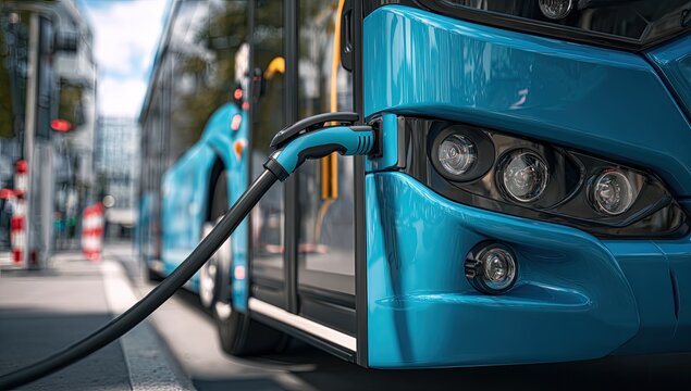 Close-up of a blue electric bus charging on a city street