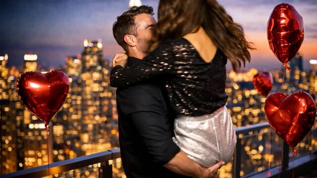 Happy young couple with heart-shaped balloons on the balcony.

