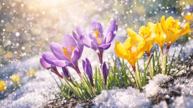 Beautiful crocus flowers on grass emerging from the snow with sunlight. 
