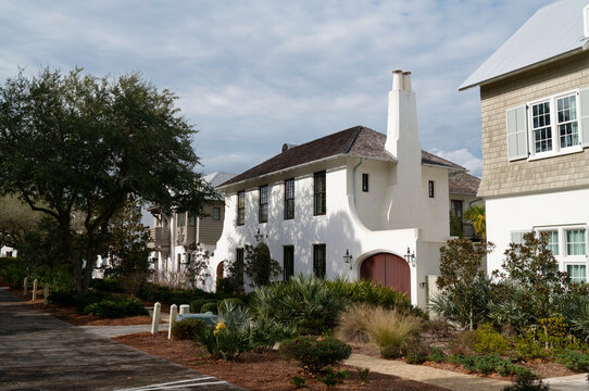 Rosemary Beach, Florida, USA &ndash; January 2026: Spanish-style residential home with white stucco exterior and landscaped garden in the coastal community of Rosemary Beach along Scenic Highway 30A.