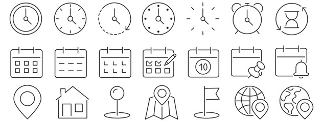 Time, date and address line icons set. calendar, clock, gps point, flag point, globe point Containing hourglass, pin, stopwatch. Editable stroke for mobile and web. Isolated on white background