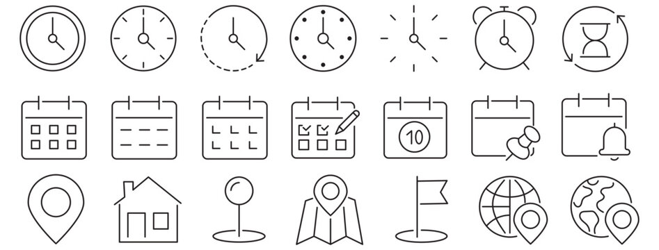 Time, date and address line icons set. calendar, clock, gps point, flag point, globe point Containing hourglass, pin, stopwatch. Editable stroke for mobile and web. Isolated on white background
