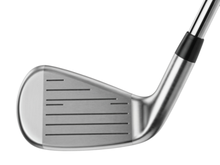 Professional iron golf club head with sleek and shiny chrome finish isolated on transparent background.
