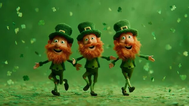  St. Patrick&rsquo;s Day leprechauns dancing, lined up next to each other, surrounded by green clovers and vibrant green tones. Seamless loop.