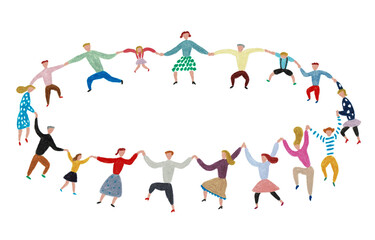 手描きイラスト　輪になって踊る大人と子供
