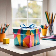 Colorful gift boxes with vibrant ribbons and bows are wrapped in decorative paper and arranged on a rustic wooden table for a festive Christmas or birthday celebration surprise