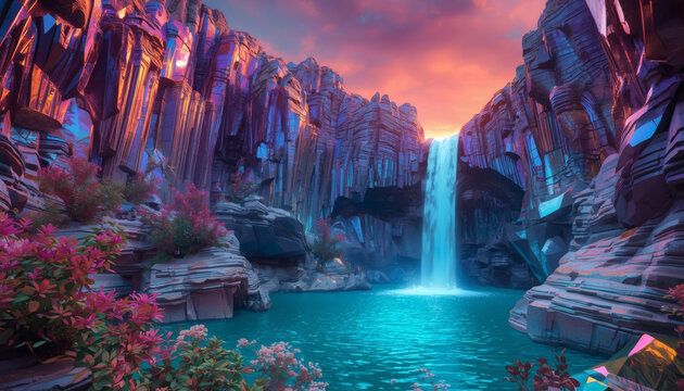 Futuristic Waterfall in a Chrome Canyon with Glowing Neon Flora and Sunset Sky (generative ai)