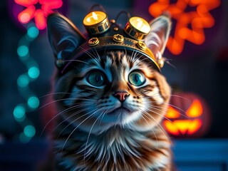 Feline friend sporting a cosmic chapeau gazes with luminous orbs, a whimsical Halloween scene unfolds,  whimsical,  art