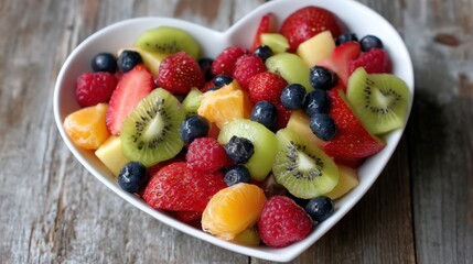 Obraz premium Heart-shaped bowl of fresh mixed fruits including kiwi, berries, and citrus on wooden table.