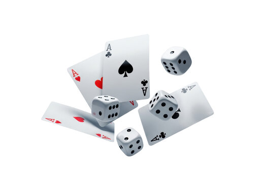 hyper-photorealistic four flying playing aces (spades central) and three white casino dice frozen in explosive motion against a seamless transparent background. high-key studio light, concept of luck
