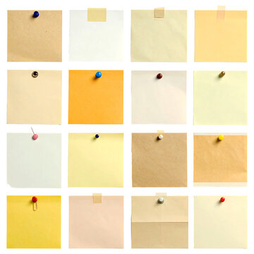 Large set of 16 colorful square sticky notes with push pins and adhesive tape isolated on white background, multi-textured paper memo collection for office planning and branding mockups