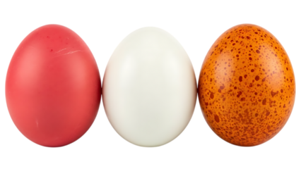 three colorful eggs arranged in a row on transparent background