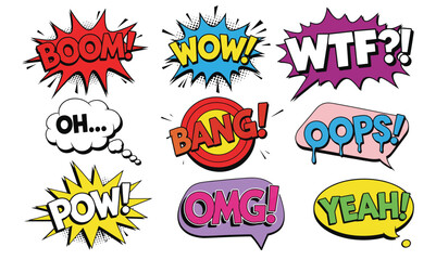 Colorful Pop Art Comic Speech Bubble Set. Collection of Cartoon Sound Effects and Slang Phrases like Boom, Wow, Bang, and OMG. Flat Vector Illustration on White Background © Robail