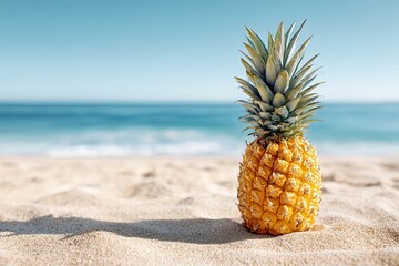 Single fresh pineapple standing upright on sandy beach, textured golden brown pineapple skin with spiky green crown leaves, clear sharp focus on the fruit.