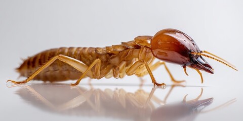 The termite soldier macro on reflective surface showing detailed features and texture