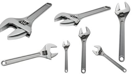 various adjustable wrench tools arranged in a row on transparent background
