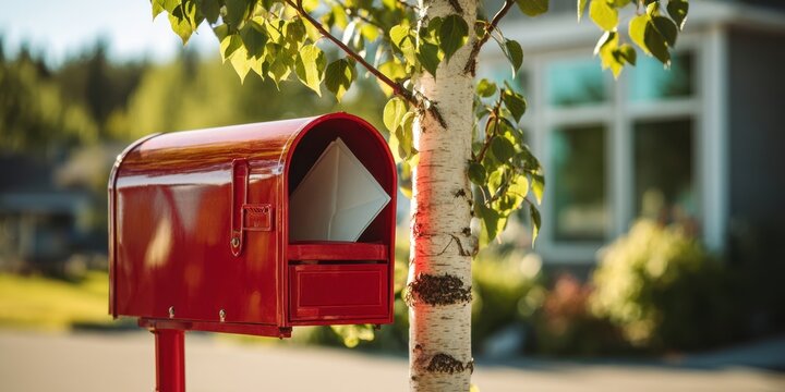 The mailbox with a letter open on a sunny suburban front yard in summer morning