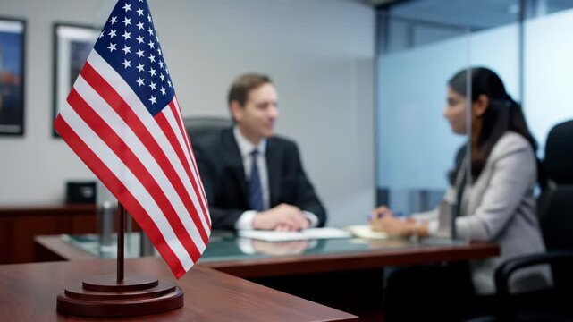 US Flag In Focus At Consulate With Visa Interview In Background.