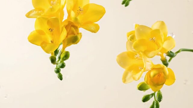 Yellow freesia flowers floating in slow motion against an off white background.