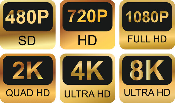 Video resolution badges showing SD HD Full HD 2K 4K and 8K