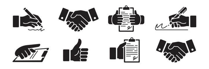 Fototapeta premium Collection of black silhouette icons representing business and finance on transparent background including handshake agreement signing document and thumbs up gesture icons