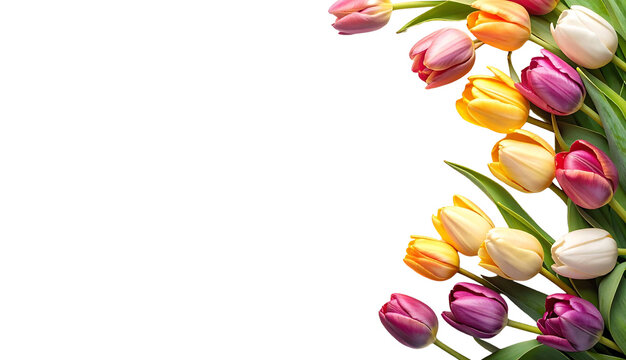 Fresh Colorful Tulip Bouquet on Transparent Background with Side Border Arrangement and Copy Space