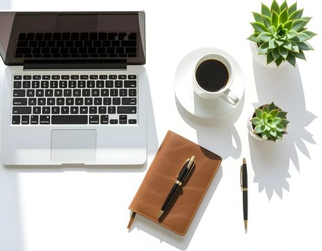 Flat Lay Desk Setup with Laptop, Notebook, Pen, Coffee Mug, and Plant on Clean White Surface in Bright Daylight