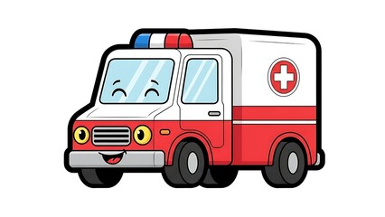 Cartoon Ambulance Vehicle with Red Cross Symbol.
