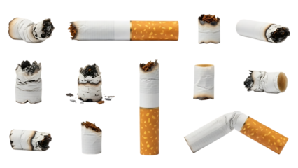 various burnt cigarettes isolated on transparent background