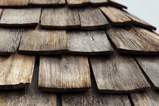 Close-up of weathered wooden shingles on a roof, showing texture and detail