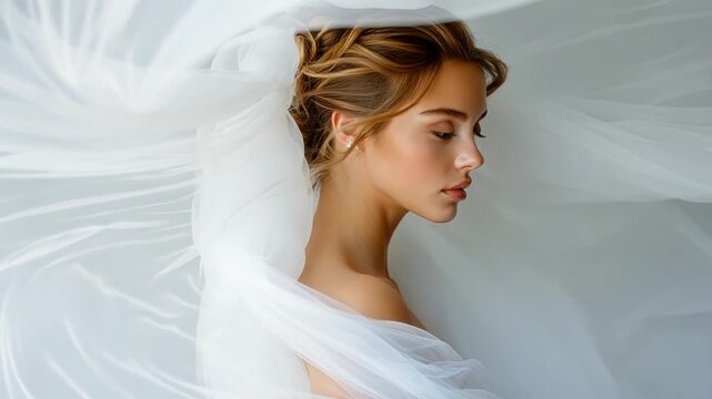 Ethereal movement of draped fabric around serene woman in dreamlike sequence