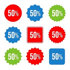 Assorted Fifty Percent Sale Icons Set.