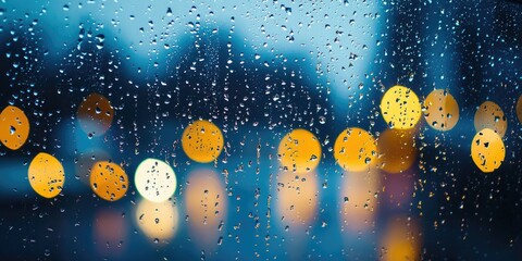 Raindrops on a window, with blurred city lights in the background.