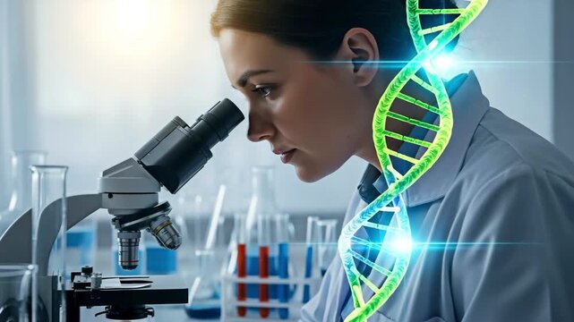 Female scientist analyzing a sample with a microscope and dna symbol for the concept of medical research.