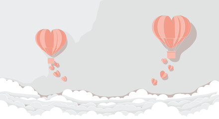 Romantic scene with heart-shaped hot air balloons floating over soft white paper-cut style clouds in a serene grey sky landscape.
