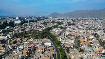 Drone photography of La Molina neighborhood during a bright summer day in Lima.