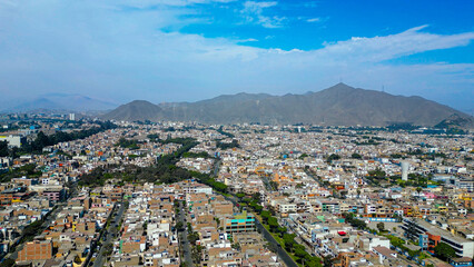 Sunny summer aerial view of La Molina district, a residential area in Lima, Peru.