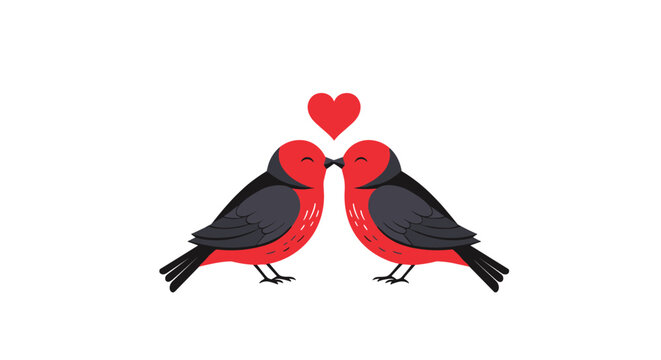 Two red and black birds facing each other in a kissing pose with a small red heart floating above them for romantic theme.