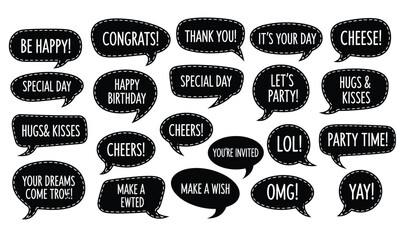 Photo Booth Prop Speech Bubble Set. Black and White Chalkboard Style Chat Clouds with Party Phrases like Happy Birthday, Congrats, and Cheers. Vector Illustration. © Robail