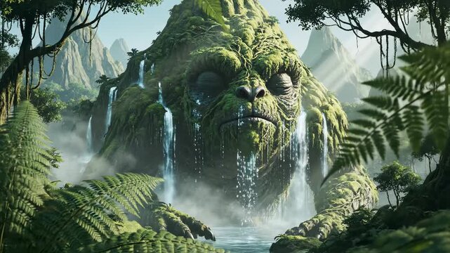 Ancient mossy giant creature with glowing blue eyes emerges from jungle mist. Waterfalls cascade over its rock and vine covered body. A mystical fantasy scene.