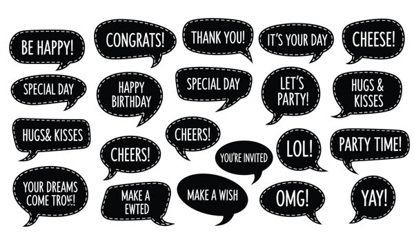 Photo Booth Prop Speech Bubble Set. Black and White Chalkboard Style Chat Clouds with Party Phrases like Happy Birthday, Congrats, and Cheers. Vector Illustration.