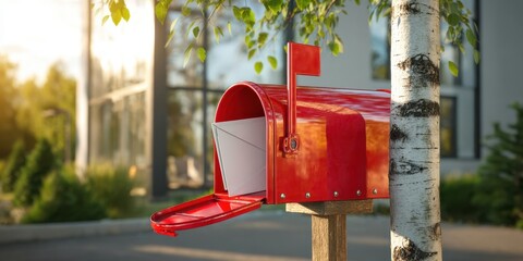 The red mailbox with open flag and white envelope basking in morning sunlight