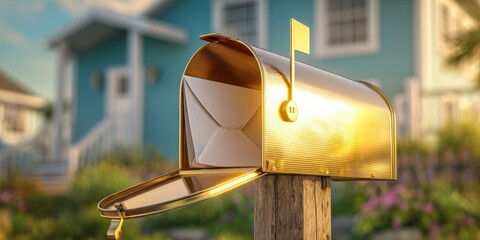 The mailbox gleaming gold with letters inside on a sunny suburban porch