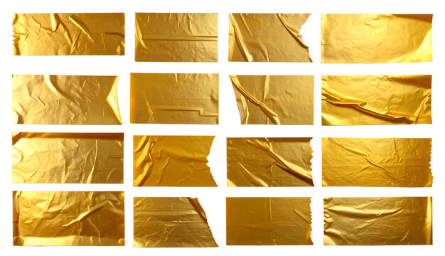 Set of Golden Foil Texture Strips Isolated on White Background &ndash; Crumpled Gold Paper Pieces for Luxury Design and Digital Scrapbooking, PNG