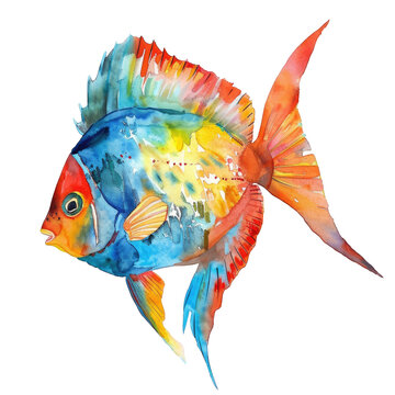 Vibrant watercolor fish illustration featuring a colorful design and intricate details on a transparent background