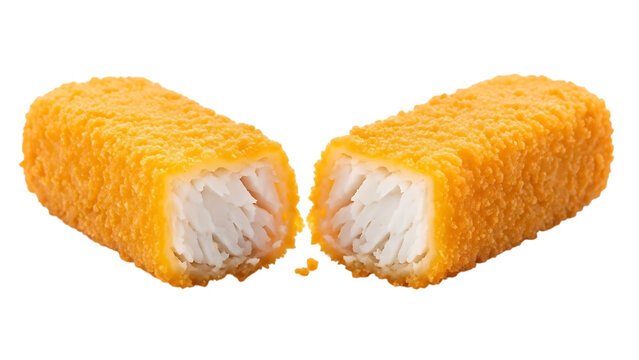 cut fish fingers showing flaky white fish inside on transparent background