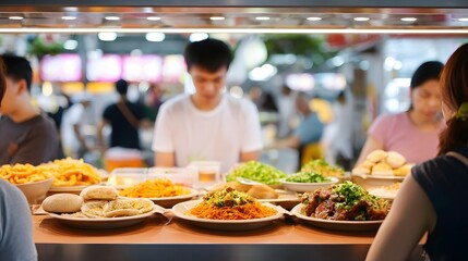 Close up of a diverse array of delicious and colorful Asian street food items such as noodles fries buns and meat dishes laid out on a busy market stall counter