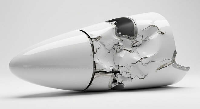 Smashed white aviation nose cone with severe impact damage