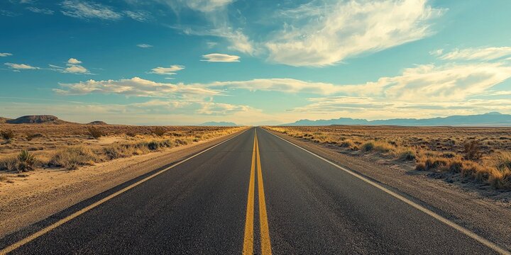An endless straight road stretching into the distance, with a clear blue sky and scattered clouds above, and a barren landscape with sparse vegetation on either side.
