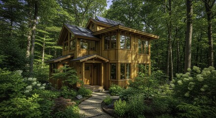 Obraz premium Sustainable Wooden House with Solar Panels in a Serene Forest Setting, Featuring Modern Rustic Architecture and Lush Gardens